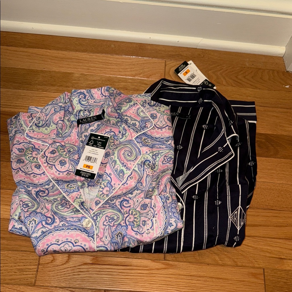 Lauren Ralph Lauren Pink Paisley and Navy Striped Pajama TOP ONLY